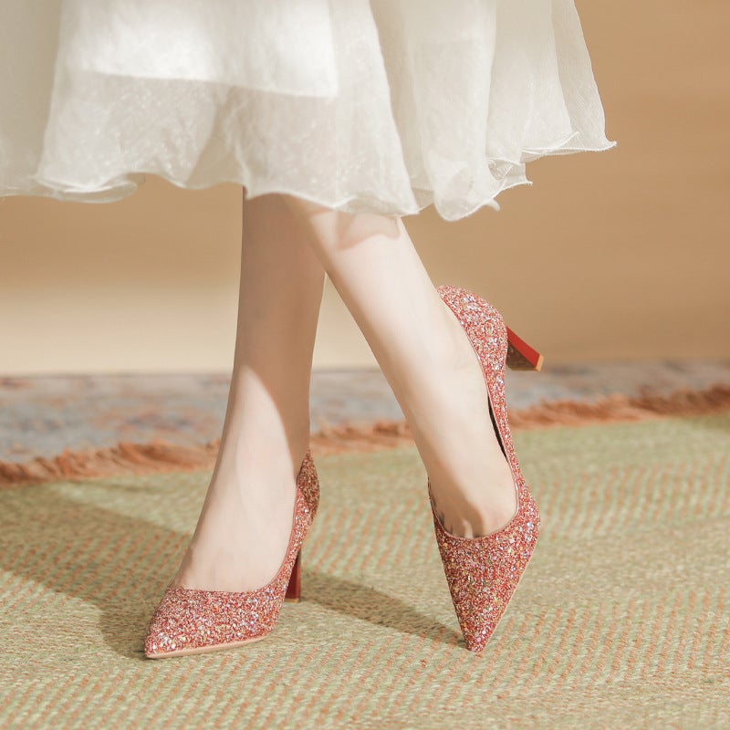 Red Bride Shoes Autumn New Fashion Show Heeled Wedding Shoes Temperament Pointed Shallow Not Tired Feet Small Thick Heeled - Image 4
